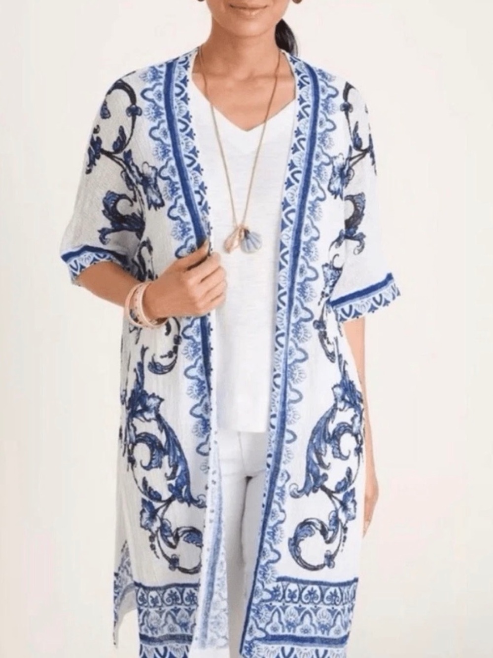 Chico's Kimono Gauzy Blue White Open-front Kimono Cardigan Floral Cover Up Large